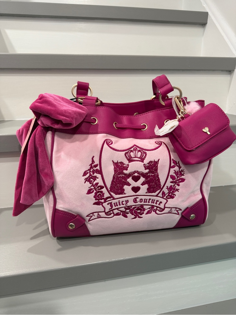Juicy Couture Pink Two-Tone Crest Tote with Bow and Pouch
